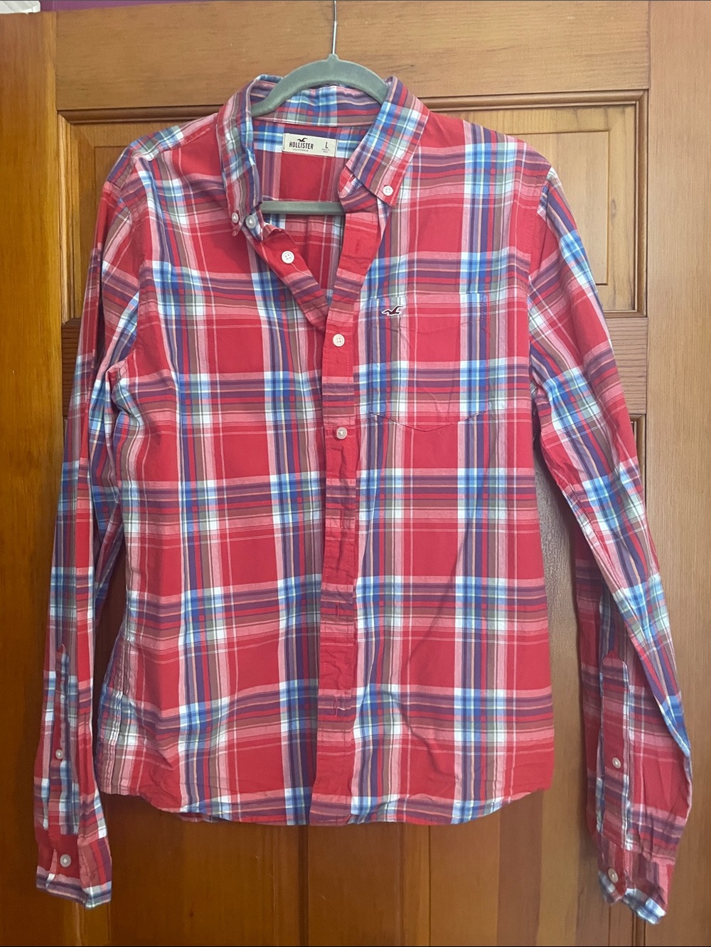 Hollister Red Plaid Button-Down Shirt with Blue Accents large Mint! Vintage